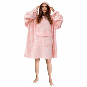 月—ピンク_M KALAVIKA 着る毛布 レディース メンス バスローブ フード付き ルームウェア 着る 毛布 パジャマ 星柄 月柄 暖かい ふわふわ