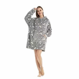 月—グレー_M KALAVIKA 着る毛布 レディース メンス バスローブ フード付き ルームウェア 着る 毛布 パジャマ 星柄 月柄 暖かい ふわふわ