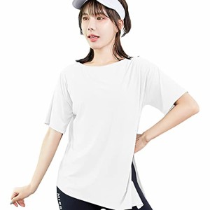 ホワイト_XL [Nesseo] tシャツ レディース 半袖 スポーツ シャツ ヨガウェア ゆったり トップス スポーツウェア トレーニング ヨガ スト