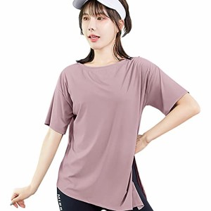 ピンク_XL [Nesseo] tシャツ レディース 半袖 スポーツ シャツ ヨガウェア ゆったり トップス スポーツウェア トレーニング ヨガ ストレ