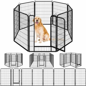 Dinah Aslop ペットフェンス 中大型犬用— ペットケージ パネル8枚 ペットサークル 四角ポール 折り畳み式 ペットフェンス ゲージ トレー