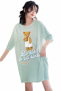 [VINMASS] 女性用ナイトガウンサテンシルクパジャマスリープシャツソフトナイトドレスかわいいプリント半袖ナイトクールパジャマプラスサ