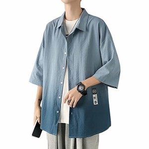 ブルー_2XL [HEGROPH] シャツ メンズ 半袖 大きいサイズ イミテーション麻 ストリートウェア しゃつ カジュアル ボタン 夏服 (ブルー， 2