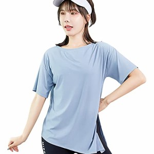 ブルー_L [Nesseo] tシャツ レディース 半袖 スポーツ シャツ ヨガウェア ゆったり トップス スポーツウェア トレーニング ヨガ ストレッ