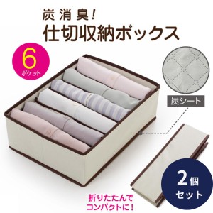 炭消臭 仕切り収納ボックス 6ポケット 2個セット 衣類 下着 収納 ケース Yシャツ 型崩れ防止 炭収納ケース 布製 不織布 炭収納 チェスト 