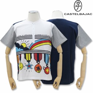 カステルバジャック ボタン付き 半袖 Ｔシャツ 7121-8605 4 L 家紋 ホワイト×ネイビー 27  castelbajac