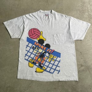 90年代 USA製 Disney ミッキーマウス バレーボール キャラクタープリント モックネック ポケットTシャツ メンズXL 【古着】【中古】