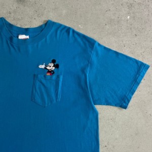 90年代 USA製 DISNEY ディズニー ミッキーマウス 刺繍 ポケットTシャツ メンズ L XL 【古着】【中古】