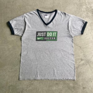 90年代 USA製 NIKE ナイキ JUST DO IT SOCCER Vネック リンガー プリントTシャツ メンズM 【古着】【中古】