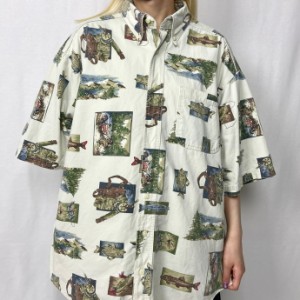 90年代 USA製 WOOLRICH ウールリッチ フィッシング アウトドア 半袖 総柄シャツ メンズXL相当 【古着】【中古】