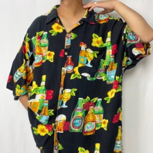 スーパービッグサイズ K.A.D CLOTHING CO. ビール ハイビスカス柄 レーヨン アロハシャツ メンズ3XL 【古着】【中古】