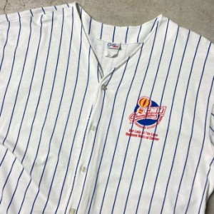 90年代 USA製 CMN CHAMPIONS 企業ロゴ プリント ストライプ Tシャツ生地 ベースボールシャツ メンズL 【古着】【中古】