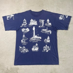 90年代 MICHIGAN RAG CO. ミシガンラグ 灯台 総柄プリント Tシャツ メンズXL相当 【古着】【中古】