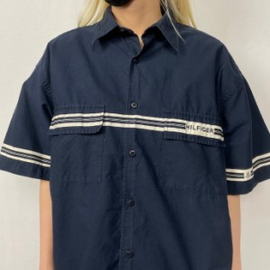 90年代 TOMMY HILFIGER トミーヒルフィガー ラインデザイン コットンシャツ メンズXL相当 【古着】【中古】