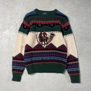 80年代 Woolrich ウールリッチ 乗馬 アニマル柄 ウールニットセーター レディースL相当