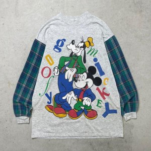 DISNEY MICKEY MOUSE GOOFY ディズニーキャラクタープリントTシャツ 袖切り替え ロンT レディースL相当 メンズM相当