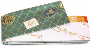 三寸帯　金襴帯　緑地金クマドリ　白地金文字　両面　日本製 男物 男帯　３寸帯　リバーブル