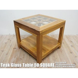 チーク無垢材 アジアン家具 ガラストップテーブル スクエア50cm 木製コーヒーテーブル ローテーブル ちゃぶ台 センターテーブル