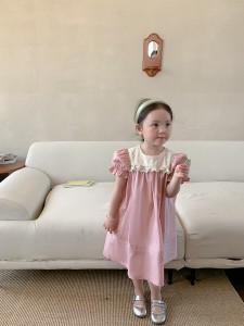 子供服 キッズ 女の子 ワンピース パフスリーブ 半袖 レース フリル おしゃれ かわいい カジュアル 夏 人気 韓国