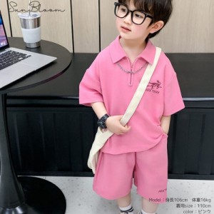 子供服 キッズ ポロシャツハーフパンツ セットアップ ２点セット 半袖Tシャツ ロゴ 男の子 スポーツ ダンス おしゃれ かっこいい 夏 人気