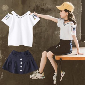 子供服 セットアップ キッズ 女の子 夏 2点セット 上下セット Tシャツ 半袖 肩出し スカート スポーツウェア ジュニア おしゃれ 可愛い 