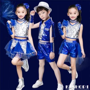 ダンスウェア キッズ ジュニア ジャズダンス衣装 セットアップ トップス ショートパンツ スカート スパンコール 子供 男の子 女の子 ガー