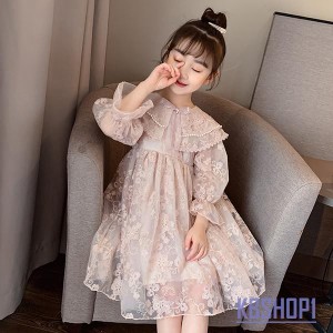 ワンピース キッズ 長袖 子供服 女の子 春秋 キッズワンピース レースワンピース 折り襟 子供ドレス 結婚式 ジュニア おしゃれ 可愛い カ