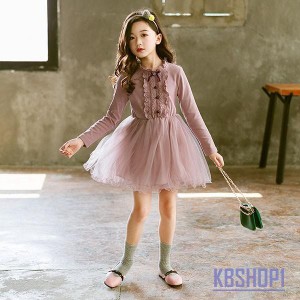 子供服 ワンピース キッズ 長袖 子供ドレス dress 女の子 春秋 レースワンピース 膝丈 丸首 無地 韓国子供服 ジュニア カジュアル おしゃ