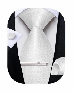 DiBanGu メンズ 高級ネクタイ 白格子 結婚式 ビジネス用 ホワイト ネクタイ4点セットフォーマル ギフトボックス付き