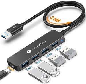 NOVOO スリム設計 4-in-1 USB ハブ 3.0 60cm延長ケーブル付き5V/2A 電源ポート、3.0 4高速ポート、5Gbps高速