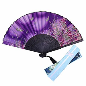 Jinchuan 扇子 レーディス 扇子袋＆箱付き シルク扇子 絹 桜 花 蝶 和柄 折りたたみ式 和装小物 女性用 男性 婦人 和風扇子 セッ