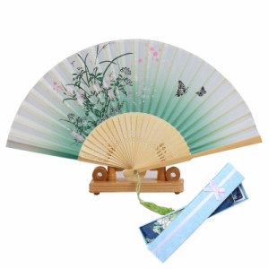 Jinchuan 扇子 レーディス 扇子袋＆箱付き シルク扇子 絹 桜 花 蝶 和柄 折りたたみ式 和装小物 女性用 男性 婦人 和風扇子 ダン