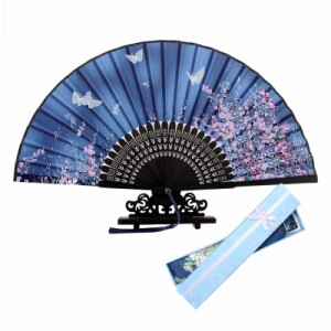 Jinchuan 扇子 レーディス 扇子袋＆箱付き シルク扇子 絹 桜 花 蝶 和柄 折りたたみ式 和装小物 女性用 男性 婦人 和風扇子 セッ