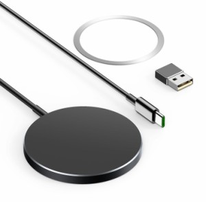 THREEKEY iPhone 15 用 マグネット式 ワイヤレス充電器 Magsafe対応 ワイヤレス充電器 磁気増強リング付き USB/Ty