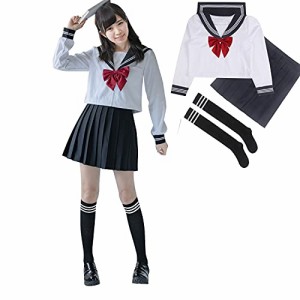 DERAYEE セーラー服 コスプレ 長袖 女子高生 4点セット 制服スカート 学生服 仮装 JK 赤いリボン スカート ストッキング 白 紺X