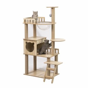 キャットタワー 木製 猫タワー 据え置き型 宇宙船 爪とぎポール ねこハウス ネコタワー 多頭飼い 高さ135cm 高い安定性 おしゃれ 組み立