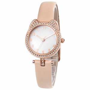 Comtex 腕時計 レディース ガールズ腕時計 数字 ピンク レザー キッズ 可愛い ファッション 猫時計 女の子腕時計 学生 アナログ クリ