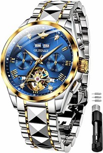 OUPINKE 腕時計 メンズ 自動巻き -ビジネス 機械式腕時計-スケルトン- 防水-カレンダー付け-自動巻き 手巻き 中空文字盤 ブルー