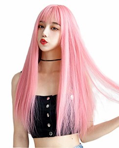 ウィッグ ロング ストレート かつら フルウィッグ 自然 コスプレ ぱっつん 小顔  耐熱 wig 原宿系 ファッション ネット/櫛付き ピンク