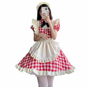 RPFLQ メイド服 チェック柄 M レッド ブラック コスプレ ワンピース ロリータ 半袖 日常 萌え ハロウィン 仮装 レディース セク