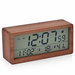 デジタル目覚まし時計 電池式 木製置き時計 LCD き湿度と温度検出電子時計 持ち運びが容易、寝室、ベッドサイドテーブル、机、オフィス、