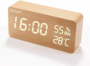 目覚まし時計 置き時計 木目 LEDデジタル時計 アラームクロック 温度湿度計 カレンダー 音声感知 USB/乾電池給電 イエロー