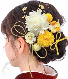 JZOON 成人式 髪飾り ヘアアクセサリー つまみ細工 菊 ピンポンマム クチナシ ポンポン 金箔 リボン 可愛い 手作り 浴衣 袴 着物 振