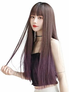 ウィッグ ロング ストレート かつら フルウィッグ 自然 コスプレ ぱっつん 小顔  耐熱 wig 原宿系 ファッション ネット/櫛付き 黒＆ピ