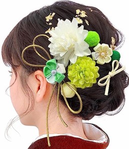 JZOON 成人式 髪飾り ヘアアクセサリー つまみ細工 菊 ピンポンマム クチナシ ポンポン 金箔 リボン 可愛い 手作り 浴衣 袴 着物 振