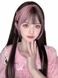 Limakara ウィッグ ロング 姫カット ストレート インナーカラー ピンク グラデーション 自然 セミロング フルウィッグ かつら 姫髪