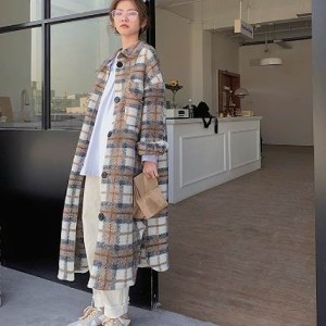 チェックウールロングコート アウター ロング ロング丈 袖あり 長袖 襟付き イージー 前開き ウール かわいい 大人可愛い おしゃれ お洒