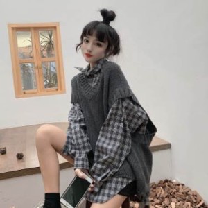 レディース ファッション 洋服 服 チェック柄シャツ ベスト  トップス シャツ ブラウス カジュアル グレー 灰色 アプリコット ミディアム