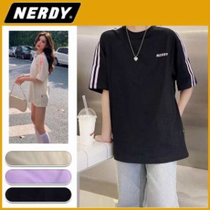 NERDY ノルディー Tシャツ トップス 半袖 丸ネック ロゴＴシャツ コットン カジュアル ファッション レディース メンズ 男女兼用 春夏