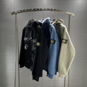 Stone Islandストーンアイランド秋冬フリースバッジダブルポケットフード付きジャケットジップアップジャケット